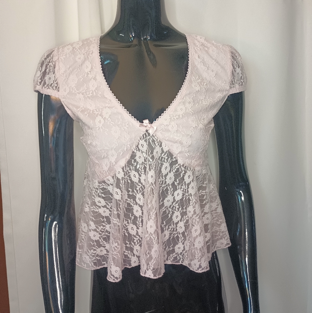 Womens Y2K Fairy Lace Babydoll Top Medium Pink Sheer Bow Coquette Dainty Kawaii